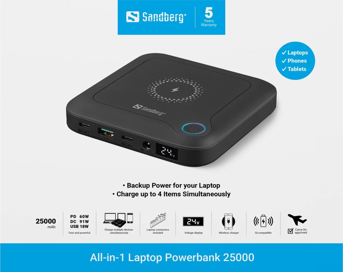 Sandberg All-in-1 Laptop Powerbank, 25000 mAh