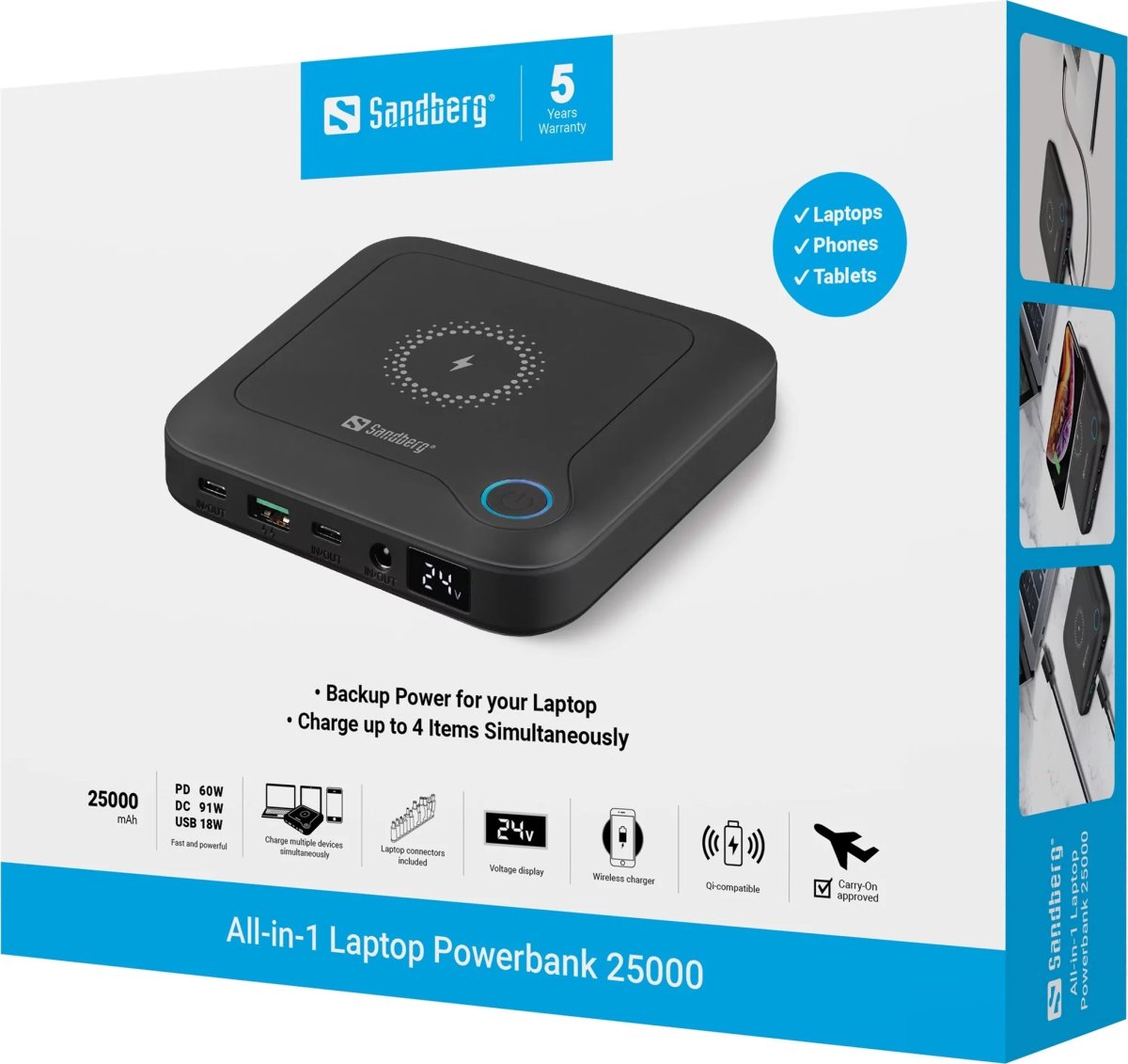 Sandberg All-in-1 Laptop Powerbank, 25000 mAh