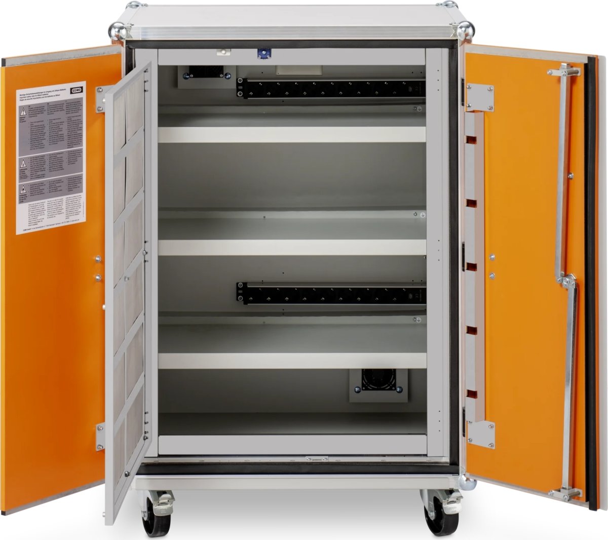 Batteriopbevaringsskab 230V m/hjul, 66x80x115 cm.