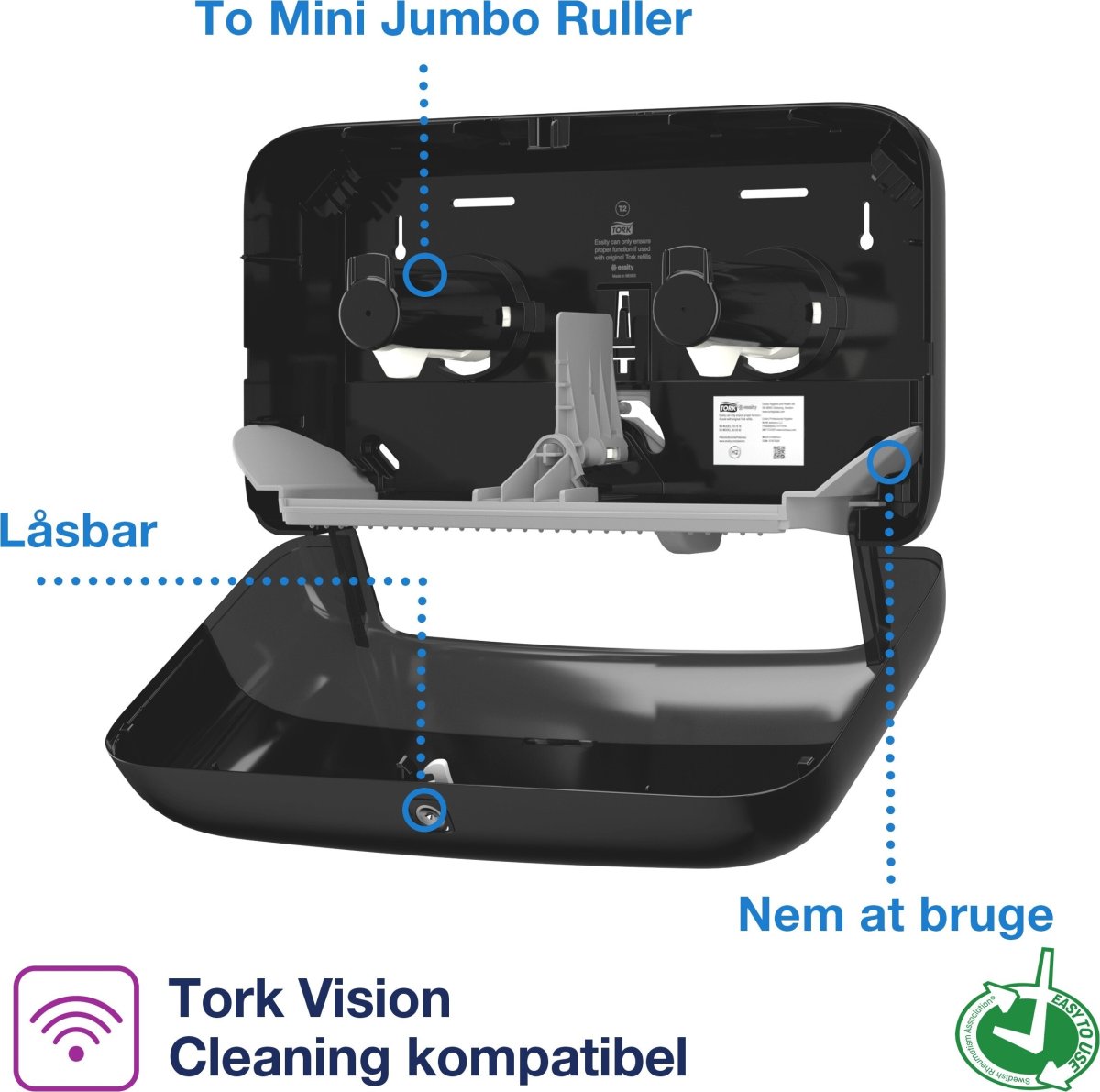 Tork T2 Twin Dispenser MiniJumbo Toiletpapir, Sort