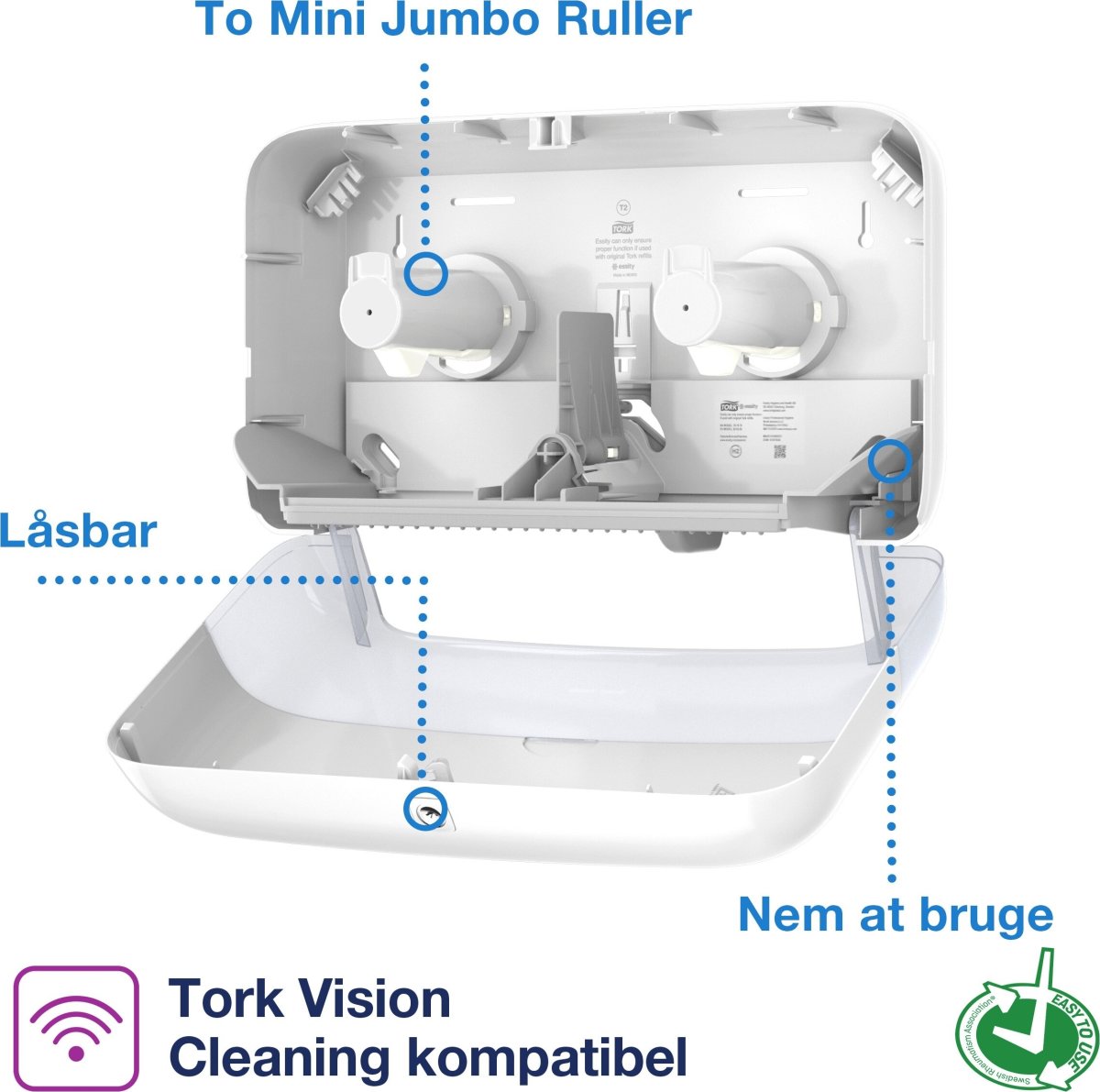 Tork T2 Twin Dispenser MiniJumbo Toiletpapir, Hvid