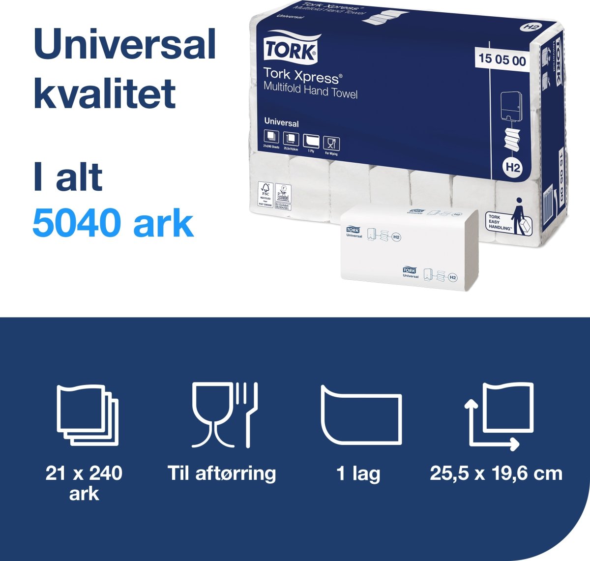 Tork H2 Uni Håndklædeark Z-fold, 1-lags, 21 pk