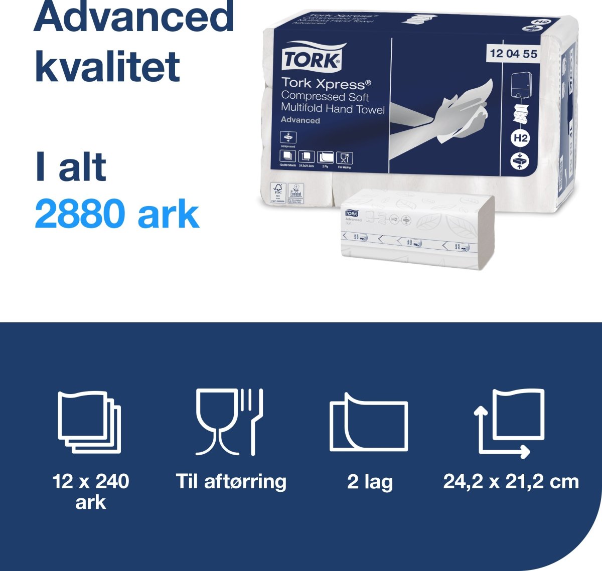 Tork H2 Compressed Adv. Håndklædeark Z-fold, 12 pk