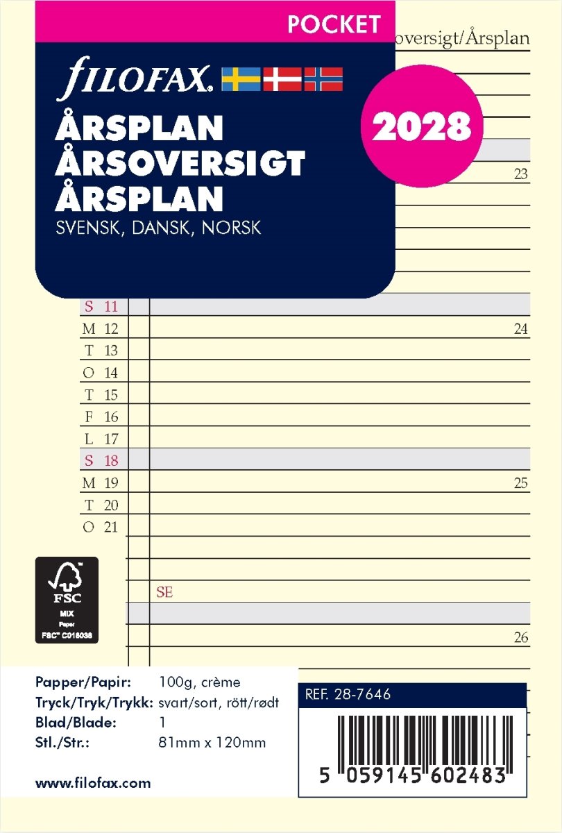 Filofax 2028 Refill | Pocket | Årsplan