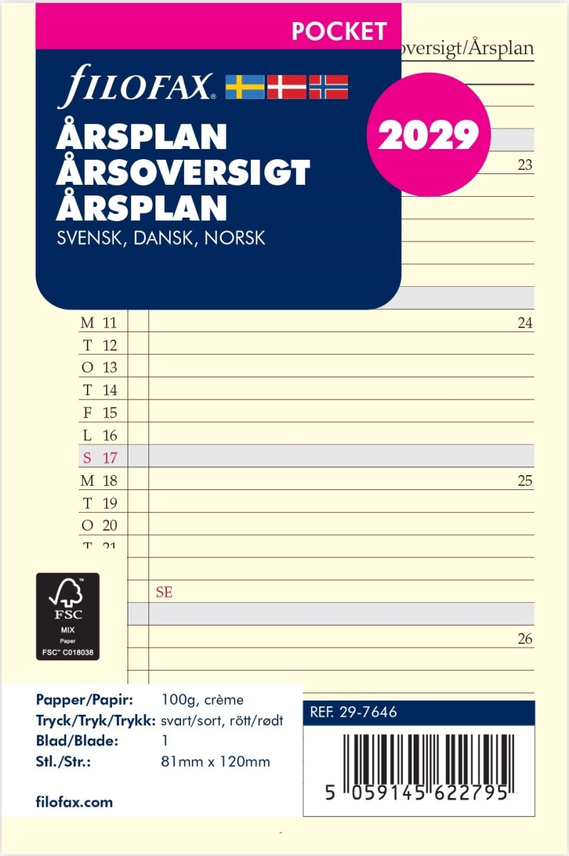 Filofax 2029 Refill | Pocket | Årsplan