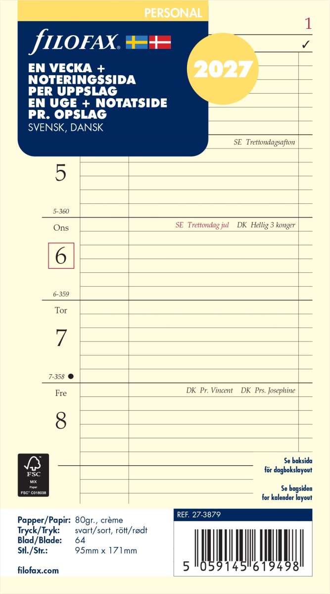 Filofax 2027 Refill | Personal | Uge + Notat