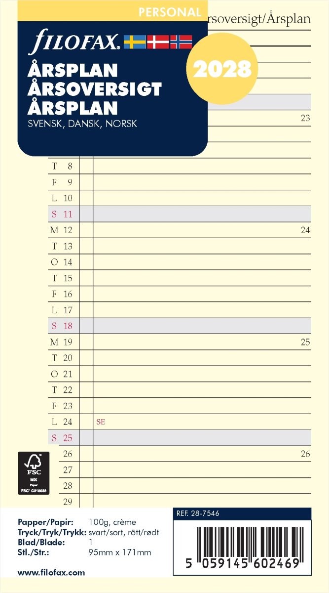 Filofax 2028 Refill | Personal | Årsplan