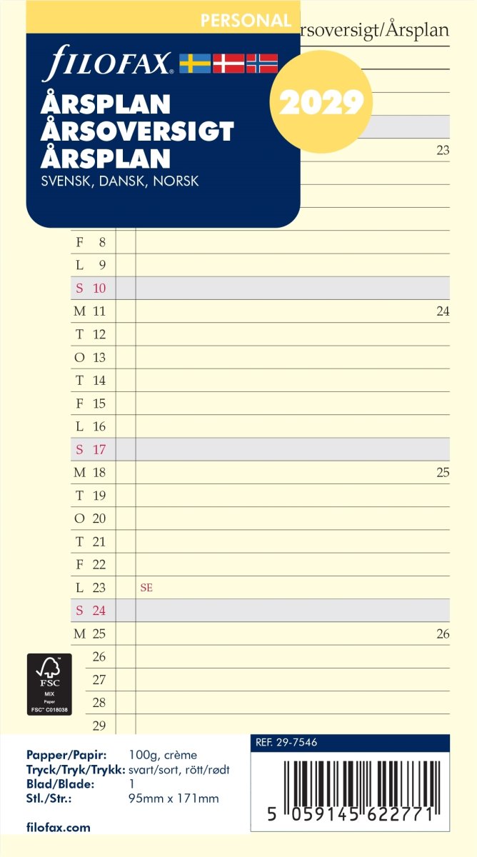 Filofax 2029 Refill | Personal | Årsplan