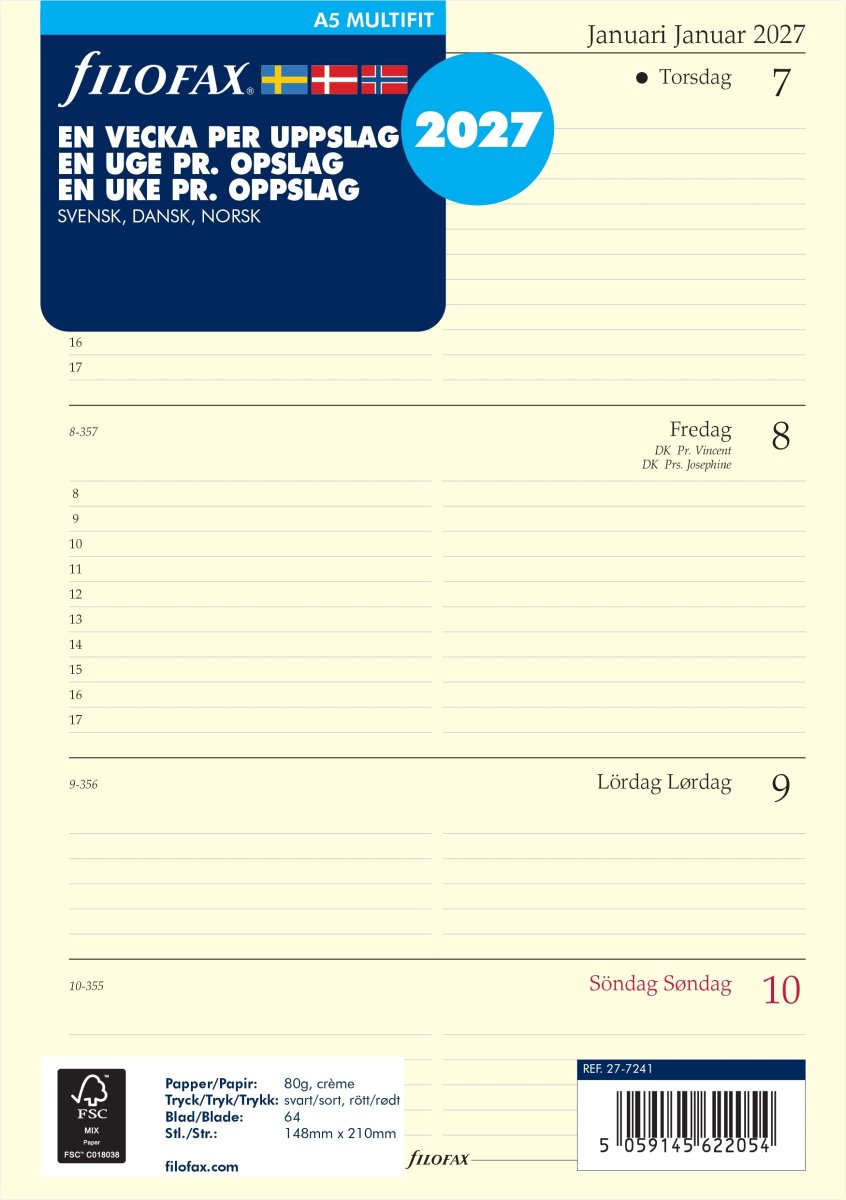 Filofax 2027 Refill | A5 | Uge | Tværformat