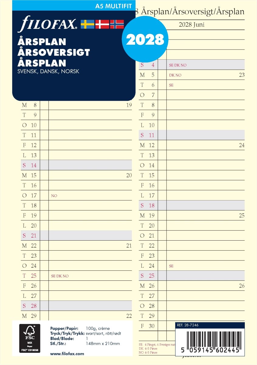 Filofax 2028 Refill | A5 | Årsplan