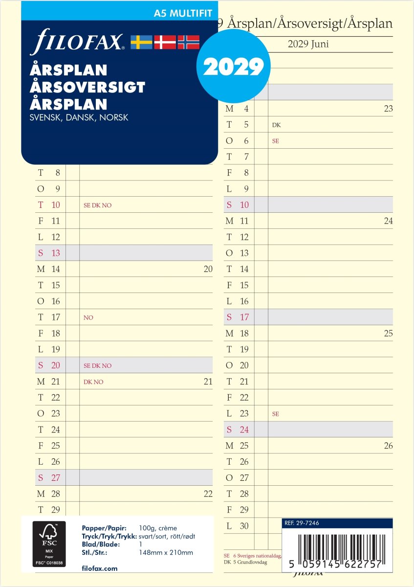 Filofax 2029 Refill | A5 | Årsplan