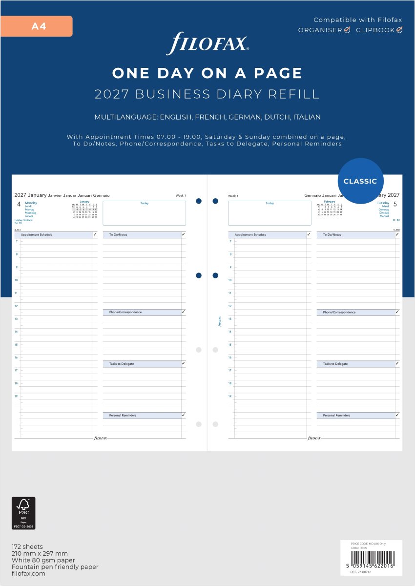 Filofax 2027 Refill | A4 | Dag | 5 sprog