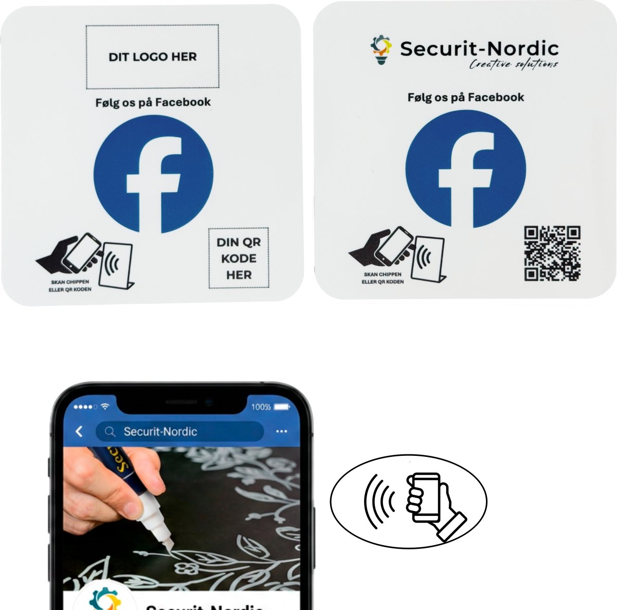 Skilt m/chip selvklæb kvadrat, eget logo, Facebook