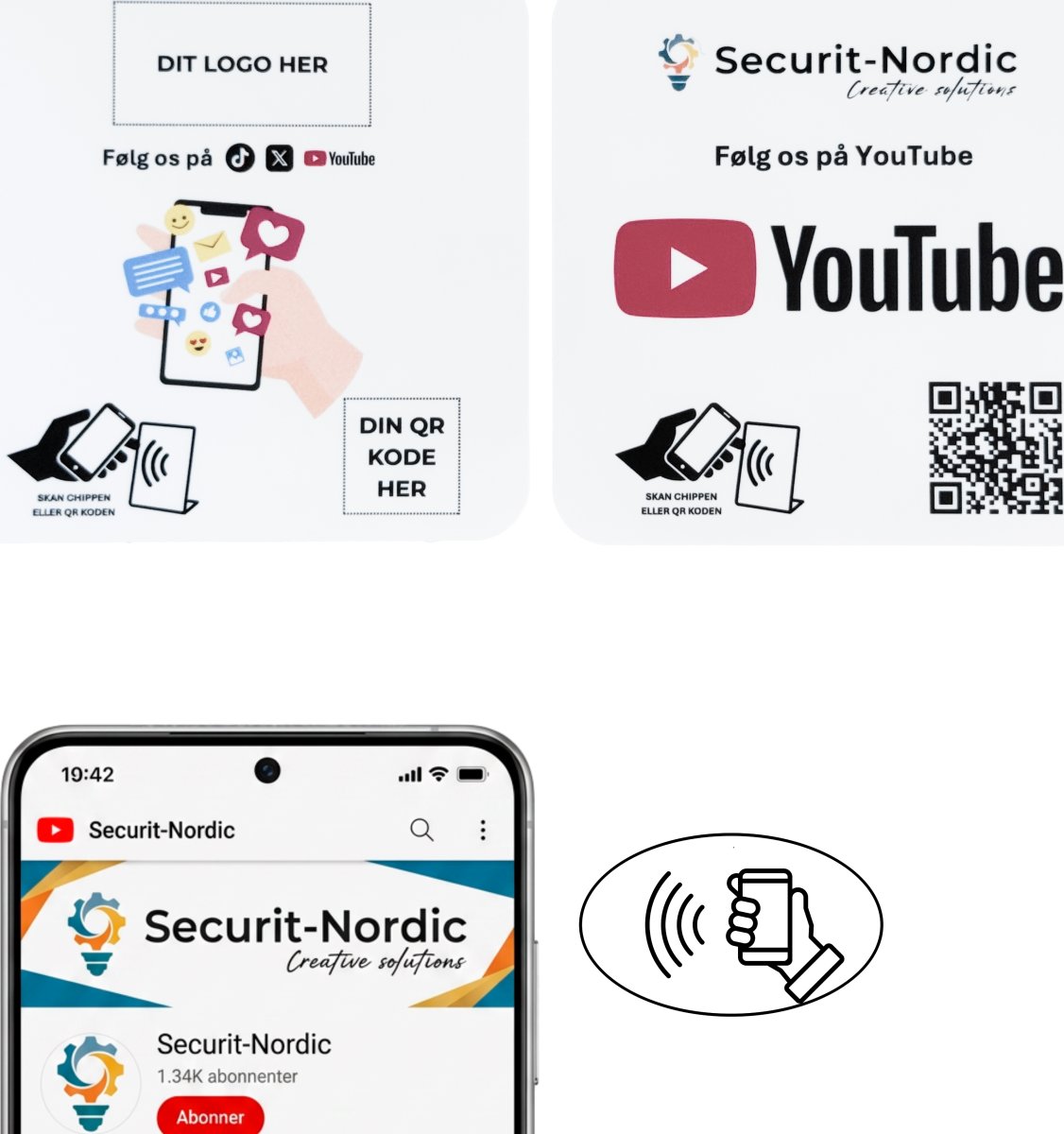Skilt m/chip selvklæb kvadrat, eget logo, SoMe