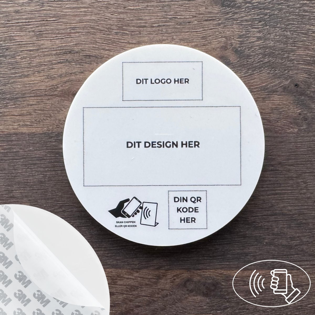 Skilt m/chip selvklæb rund, eget logo og design