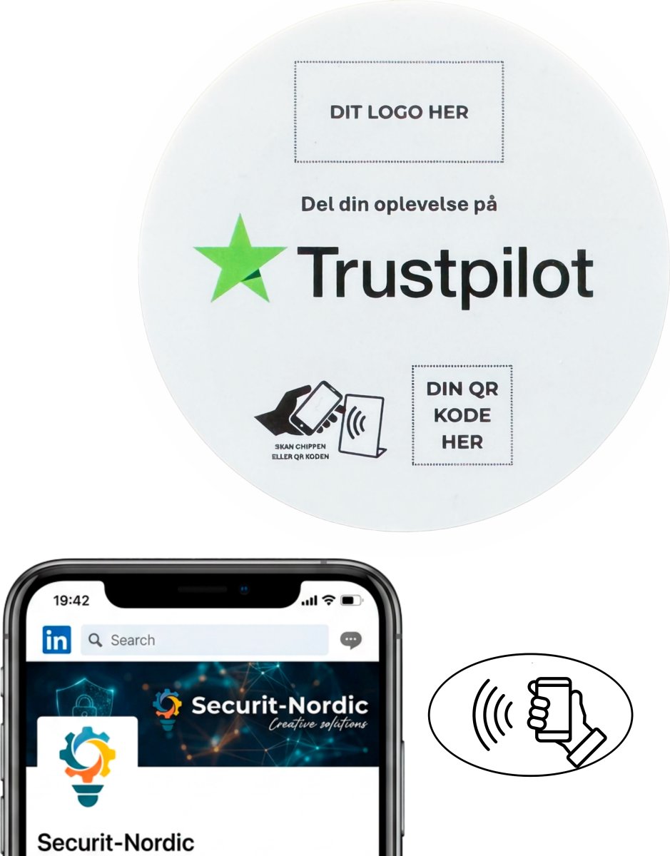Skilt m/chip selvklæb rund, eget logo, Trustpilot