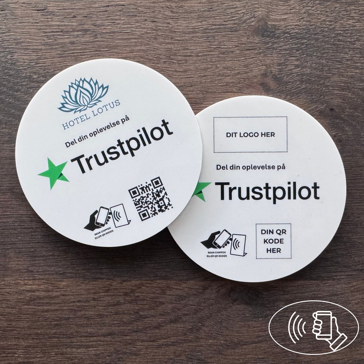 Skilt m/chip selvklæb rund, eget logo, Trustpilot