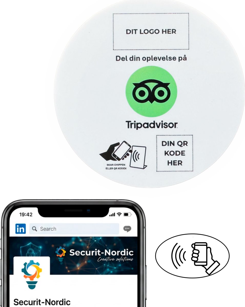 Skilt m/chip selvklæb rund, eget logo, Tripadvisor