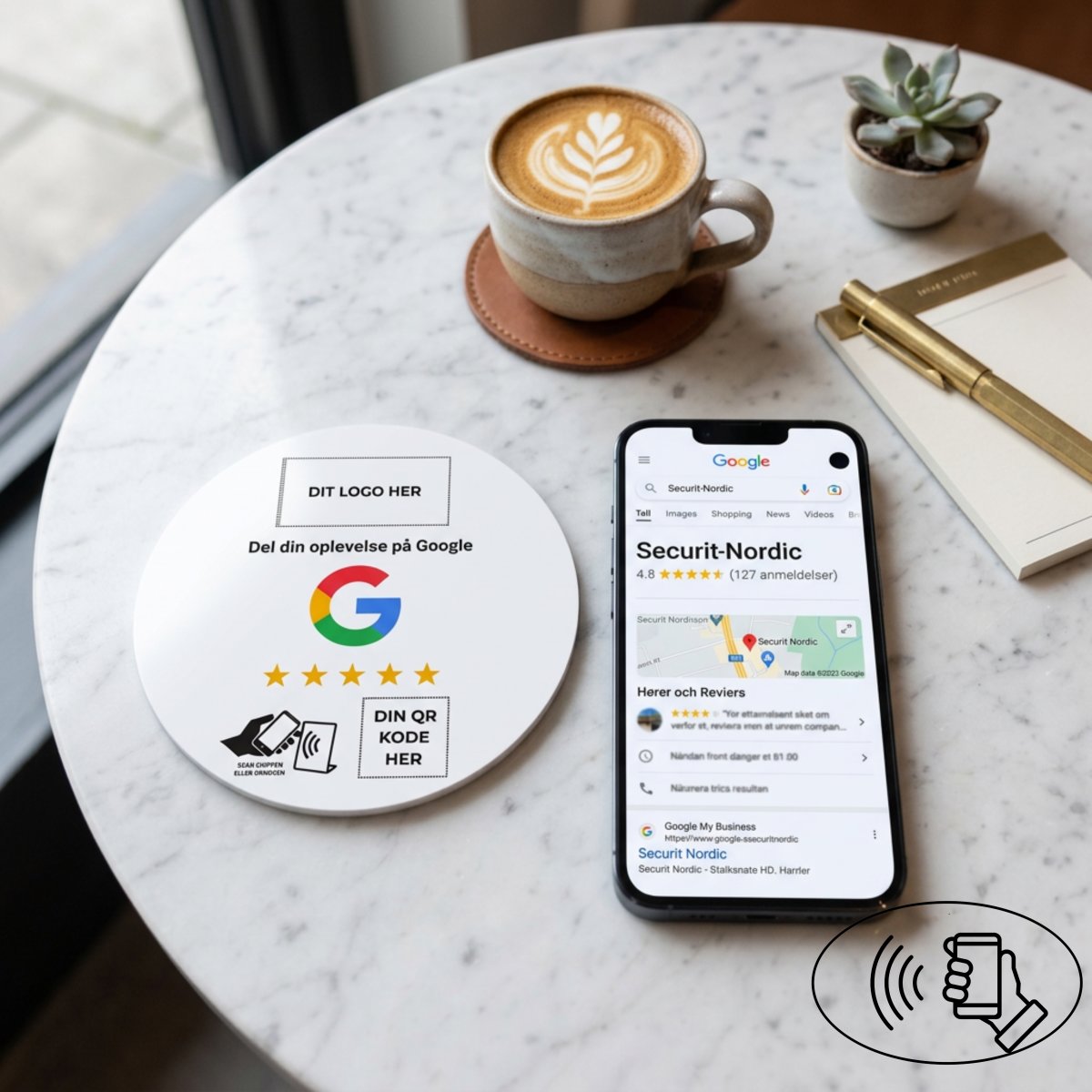 Skilt m/chip selvklæb rund, eget logo, Google