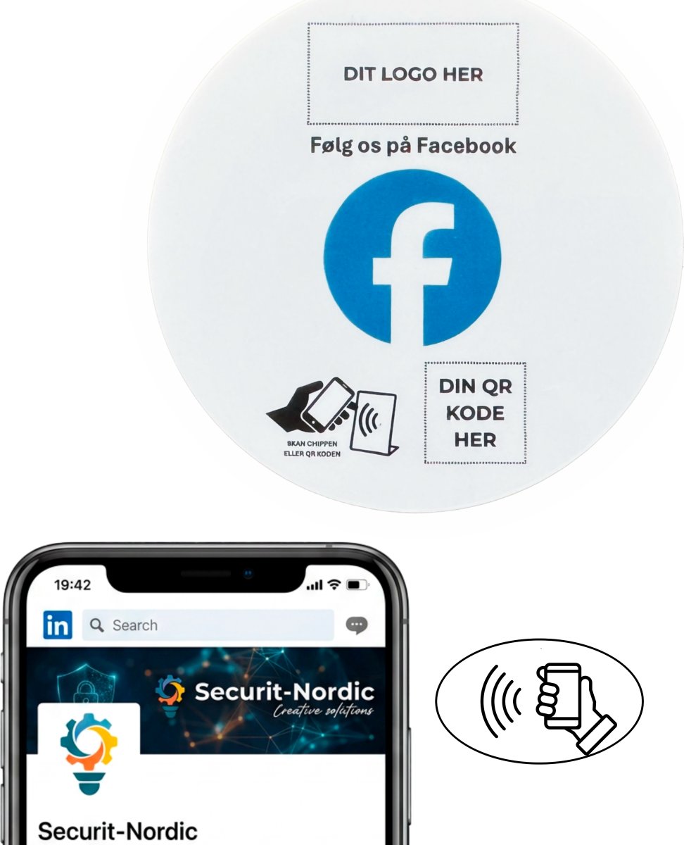 Skilt m/chip selvklæb rund, eget logo, Facebook