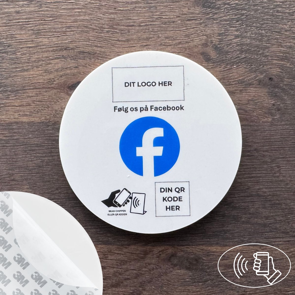 Skilt m/chip selvklæb rund, eget logo, Facebook