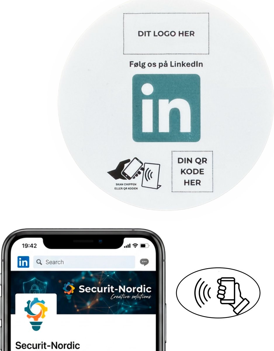 Skilt m/chip selvklæb rund, eget logo, LinkedIn