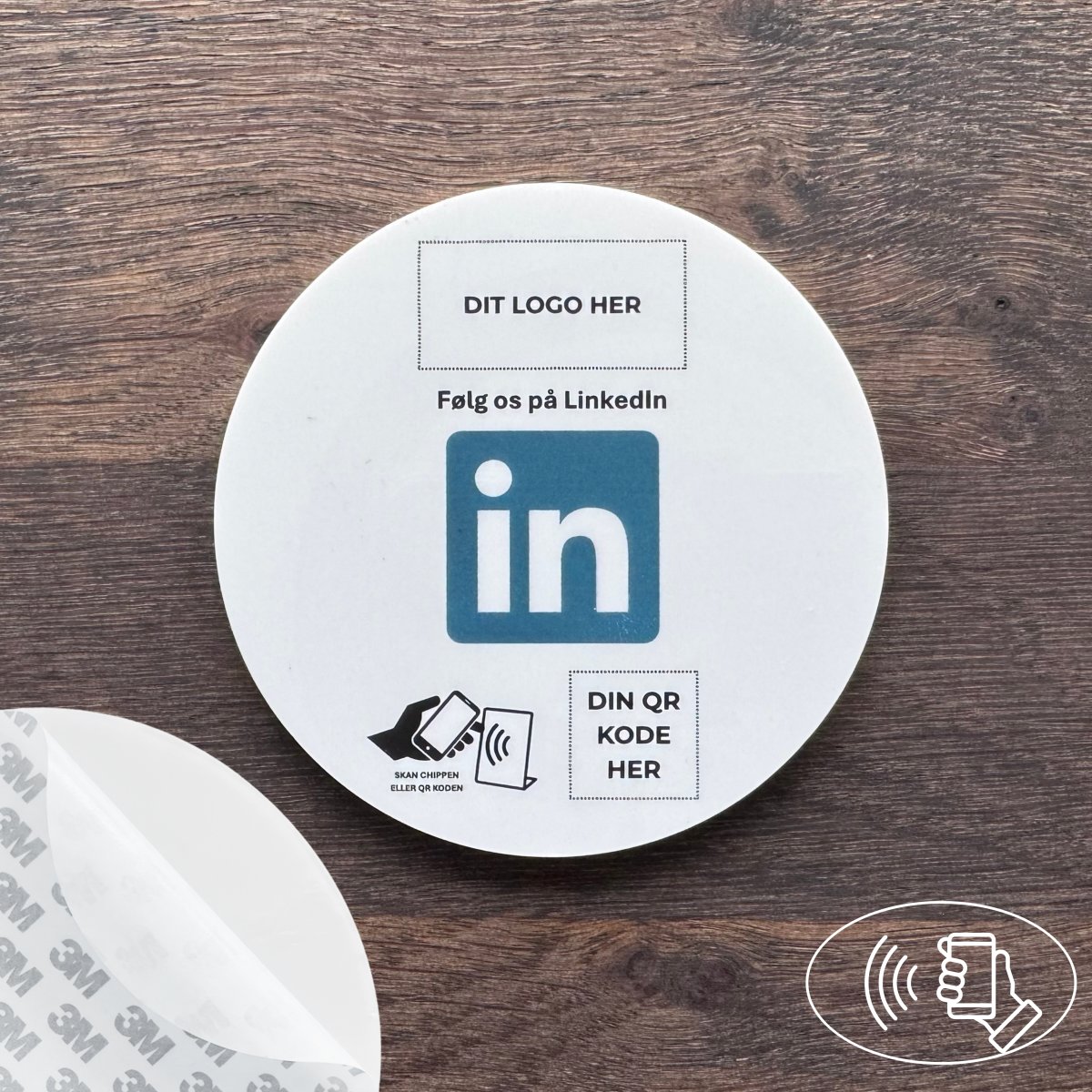 Skilt m/chip selvklæb rund, eget logo, LinkedIn