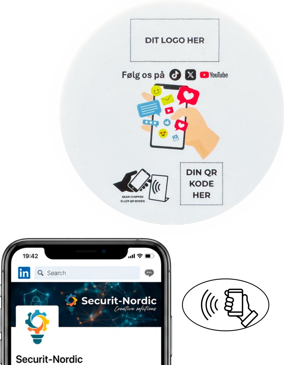 Skilt m/chip selvklæb rund, eget logo, SoMe