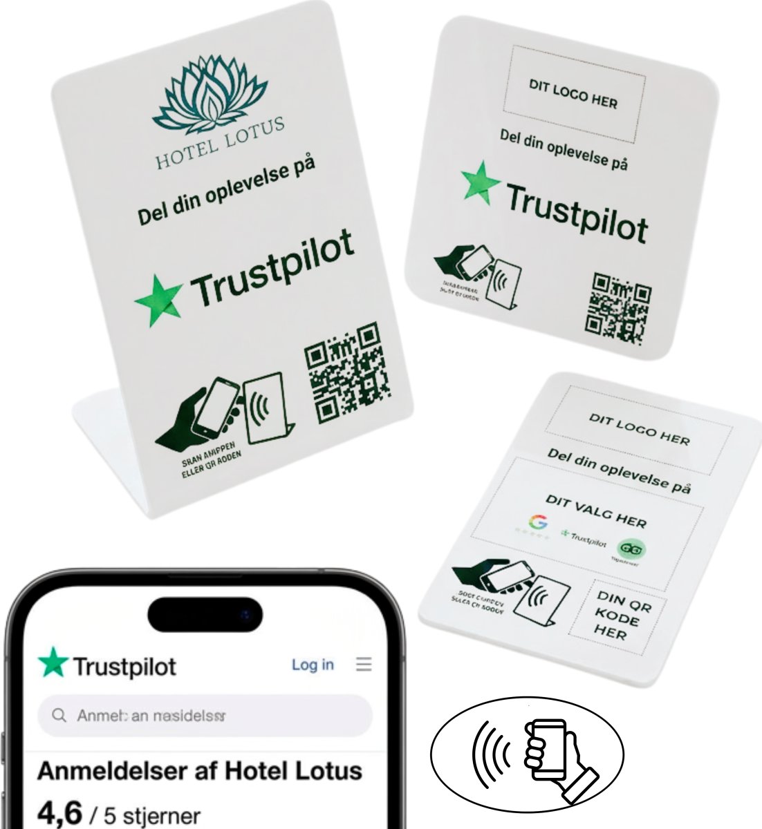 Skiltepakke m/chip, 3 stk, eget logo, Trustpilot