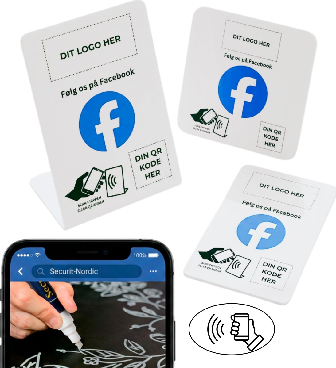 Skiltepakke m/chip, 3 stk, eget logo, Facebook