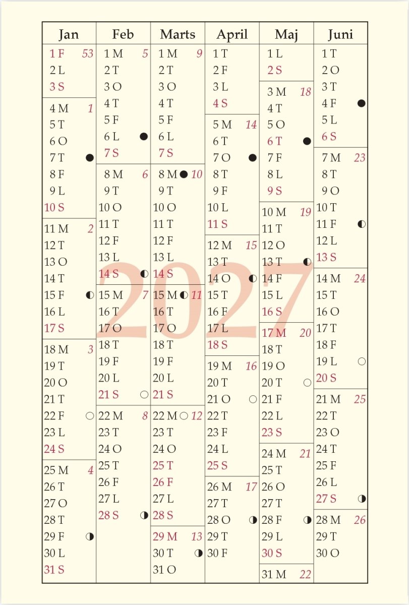 Filofax 2027 Refill | Pocket | Månedsoversigt