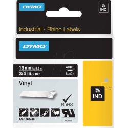 Dymo Rhino Vinyl labels, 19mm X 5.5M, hvid på sort