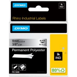 Dymo RHINO Permanent Polyester 9mm, sort på metal