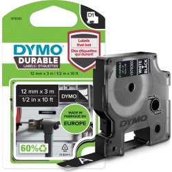 Dymo D1 Durable labeltape 12mm, hvid på sort