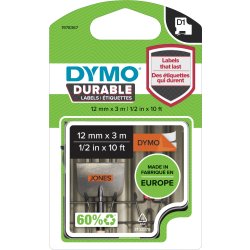 Dymo D1 Durable labeltape 12mm, sort på orange