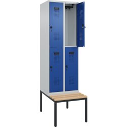 CP garderobeskab, 2x2 rum, Bænk,Hængelås, Grå/Blå