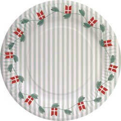 Engangsstallerken, DK flag med blade, Ø18cm, 8 stk