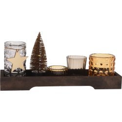 Fyrfadslys holder sæt, træ/glas