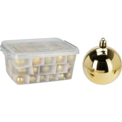 Æske m/Julekugler, guld, 70 stk., 40-50-60mm