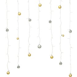 LED-lysgardin m/Julekugler, 74 LED, guld & sølv