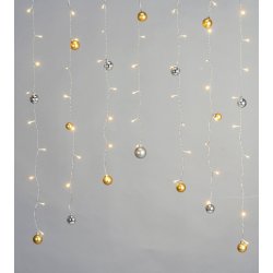 LED-lysgardin m/Julekugler, 74 LED, guld & sølv