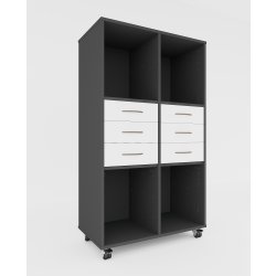Stay reol m/6 rum og 6 hvide skuffer, m/ hjul