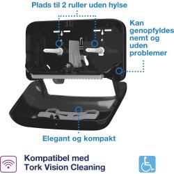 Tork T7 Dispenser Toiletpapir u/hylse, Dual, Sort