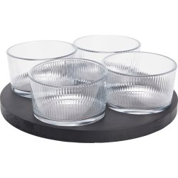 Skålesæt, 4 glasskåle, sort træbakke