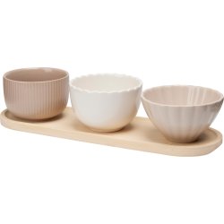 Skålesæt, 3 stentøjsskåle, bambusbakke