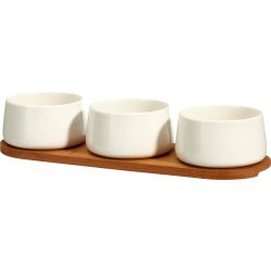 Skålesæt, 3 porcelænsskåle, bambusbakke