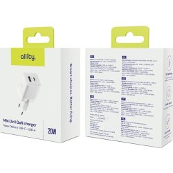 Allity Oplader, 1x USB-C, 1x USB-A, 20W - Hvid