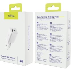 Allity Oplader, 1x USB-C, 1x USB-A, 45W - Hvid