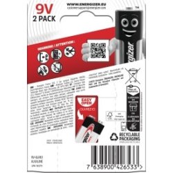Energizer Max Alkaline 9V batteri, 2 stk.