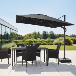 Hængeparasol 3,5x3,5m,fod,m/hjul,overtræk,LED,sort